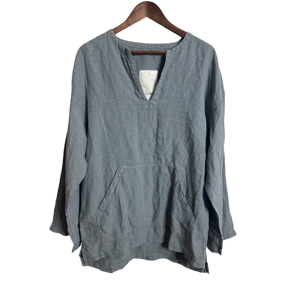 YUME Label 100% Linen Popover Tunic Top Kangaroo Pocket Long Sleeve Relaxed S